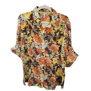 Cotton Daisy Button Down Shirt Lightweight roll‎ tab sleeves Hipster Size L New